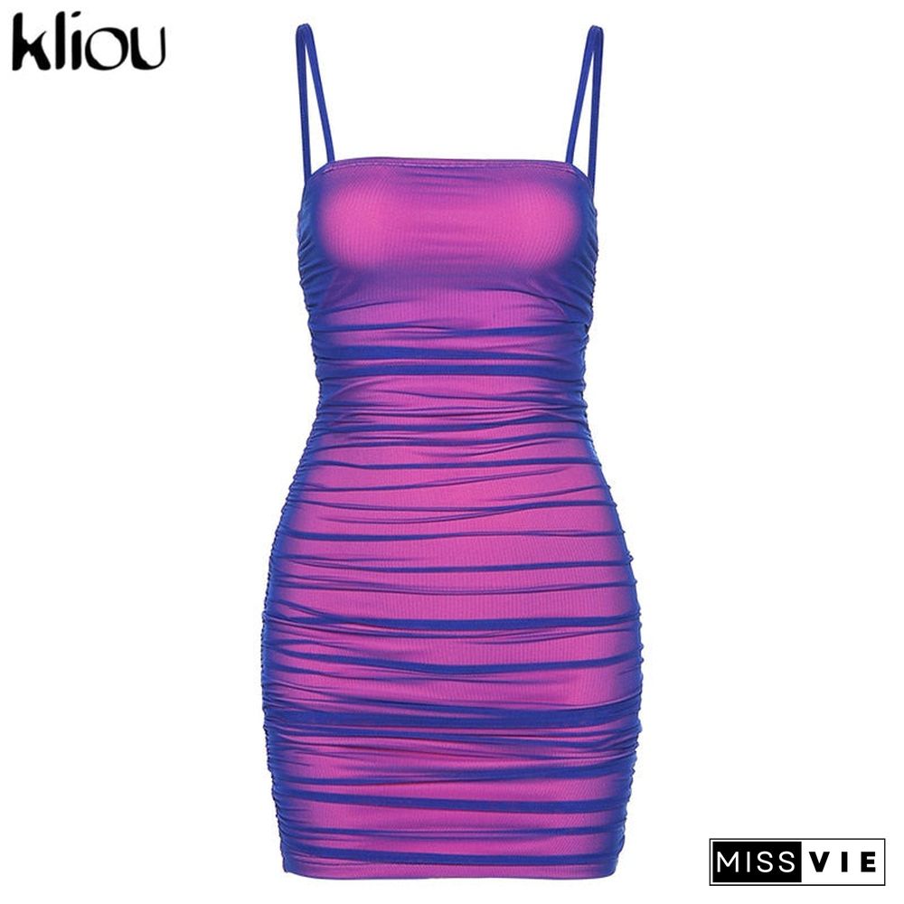 Kliou Reflective Fashion Sexy Dress Summer Clothes for Women Slash Neck Camisole Skinny Mini Dresses Female Club Partywear