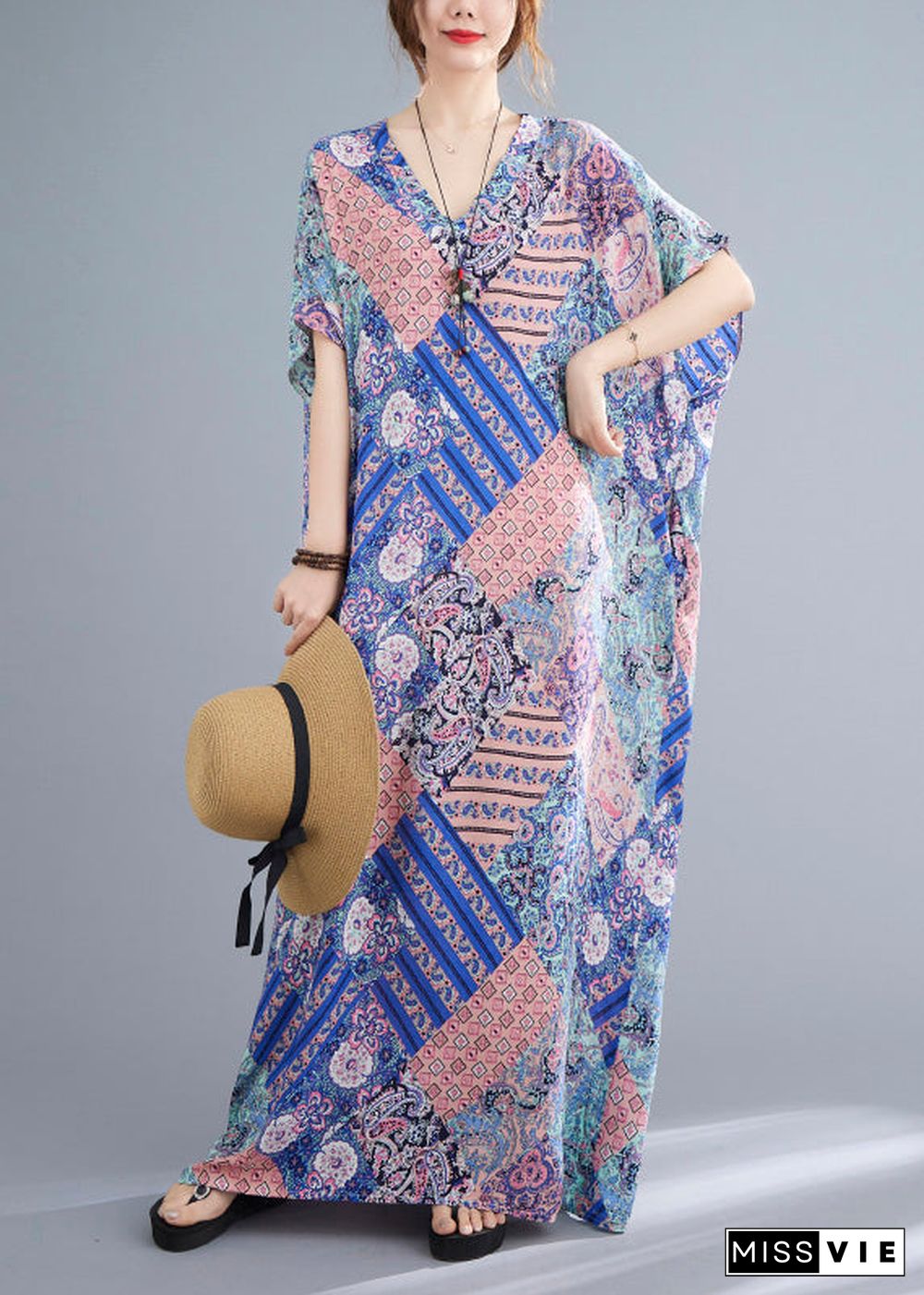 Pink Blue Patchwork Vacation Cotton Maxi Dresses Summer