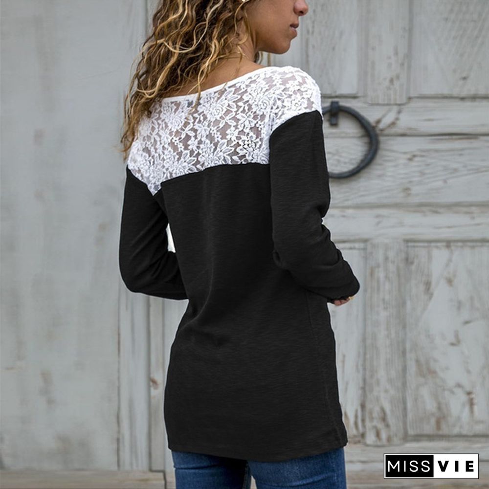 Women Round Neck Ladies Fashion Casual Long Sleeves Tops Sexy Lace Pullover Plus Size T-Shirt Solid Color Loose Top Cotton Blouse