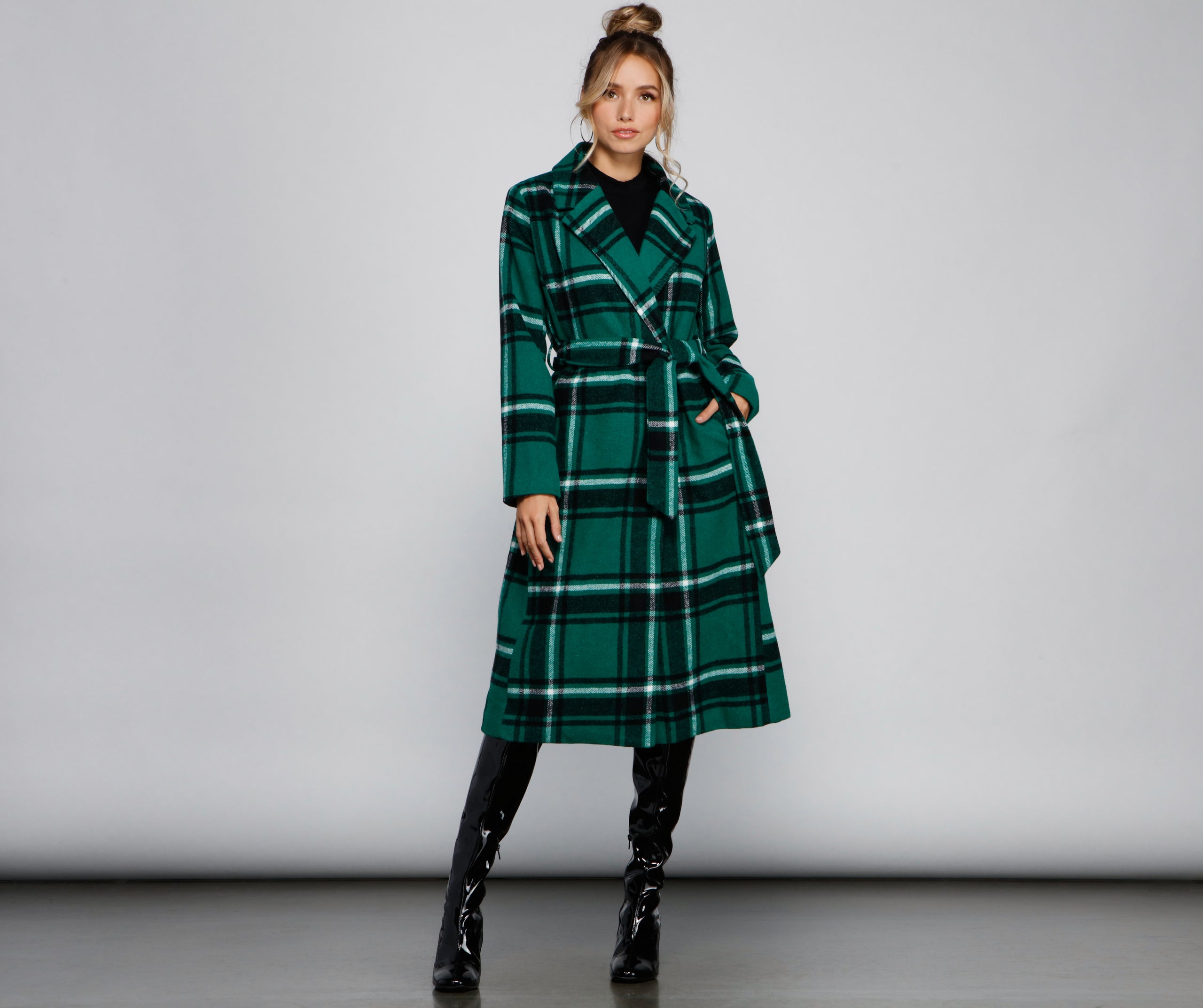 Polished In Plaid Belted Trench Coat