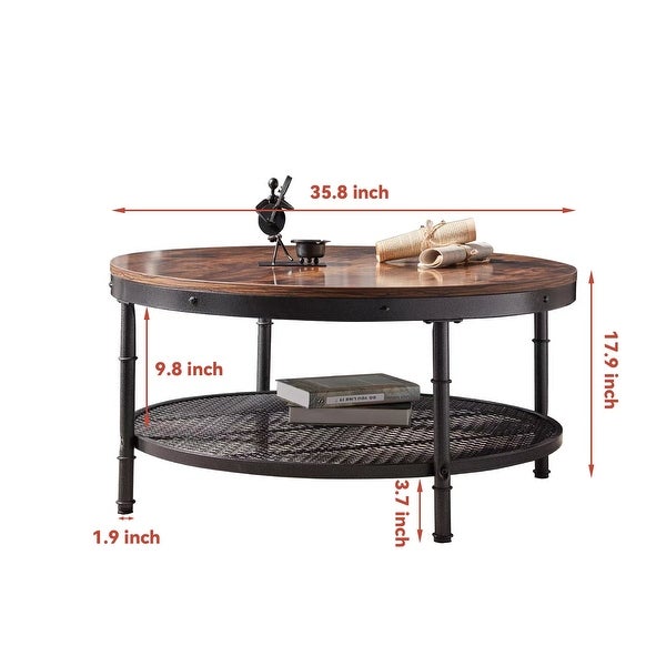 2-Tier Single Panel Round Coffee Table with Metal Frame and Mesh