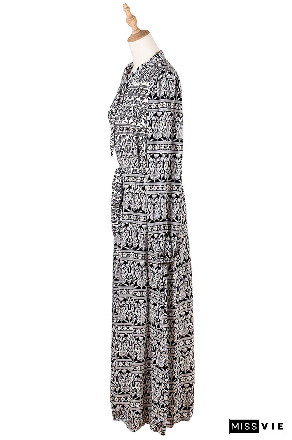 Black And White Floral Print Front Tie Drawstring Maxi Dress