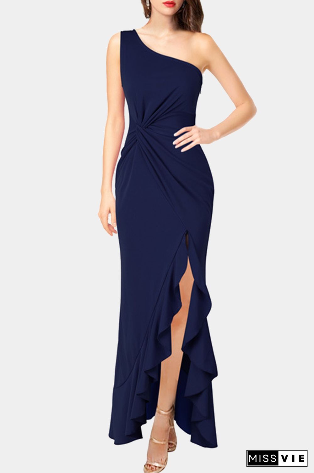 Elegant Solid Flounce Slit One Shoulder Evening Maxi Dresses(6 Colors)