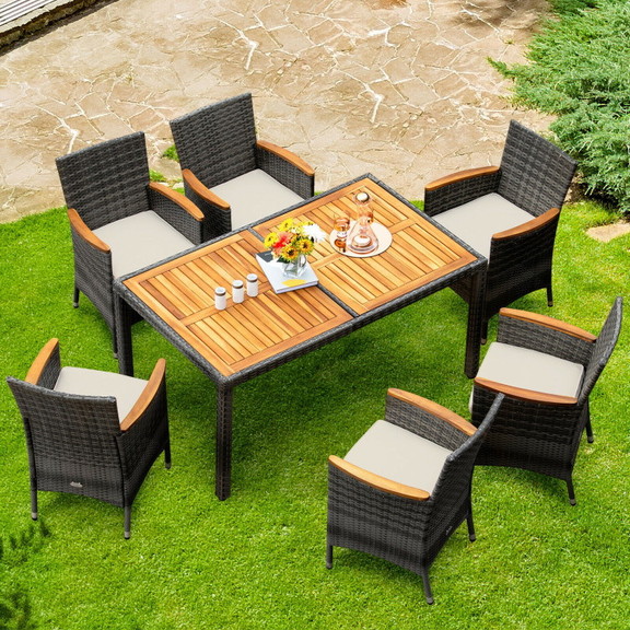 Costway 83291670 7 Pieces Patio Acacia Wood Cushio...