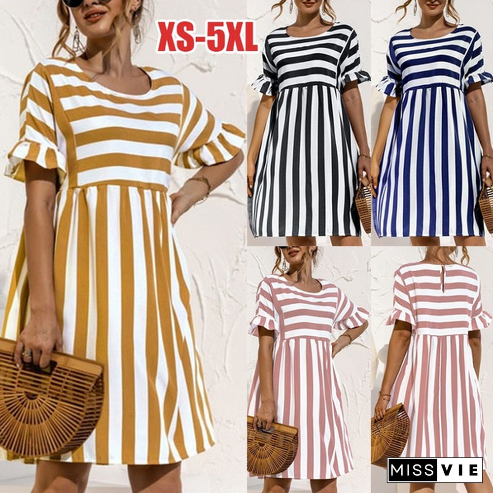 Summer Women's Fashion Flouncing Short Sleeved Casual Loose Dresses Round Neck Pocket Stripe Patchwork Beach Dresses