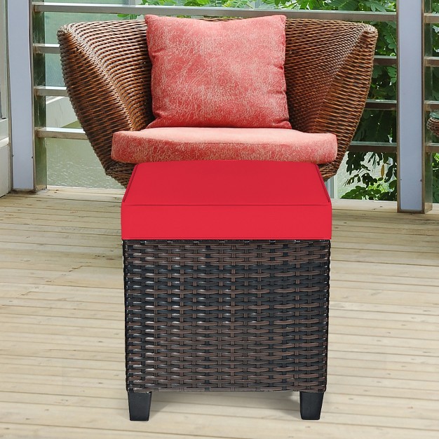 Costway 2pcs Patio Rattan Ottoman Cushioned Seat Foot Rest Coffee Table Red