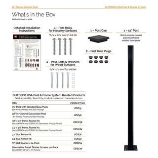 OUTDECO 52 in. x 2 in. x 2 in. Black Galvanized Steel Fence Post and Welded Base Plate (Privacy Panels and Slat Fence Installs) ODP55