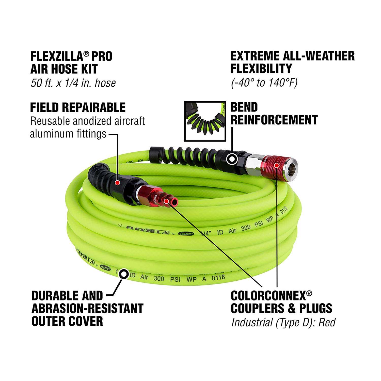 Flexzilla Pro 50 ft. L X 1/4 in. D Hybrid Polymer Air Hose Kit 300 psi Zilla Green