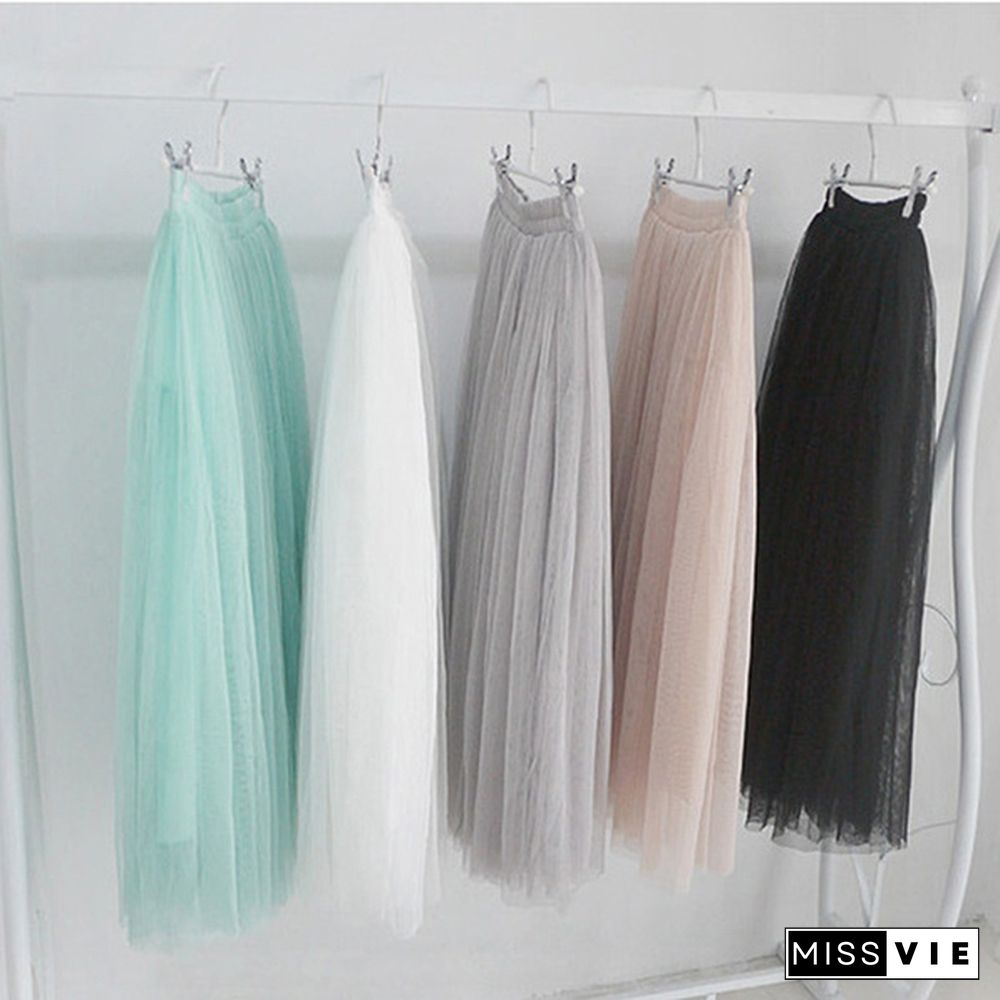 Women Summer Elastic High Waist 4 Layers Tulle Skirts Ladies Long Mesh Skirt Womens Maxi Pleated Skirt