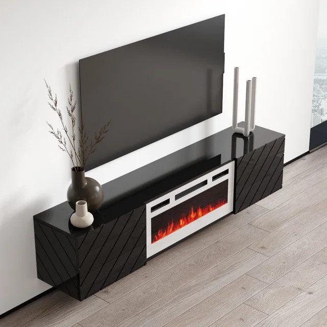 Modern Wall Mounted TV Stand  Linear Patterned Doors  ampFireplace   Modern   Entertainment Centers And Tv Stands   by Declusia  Houzz