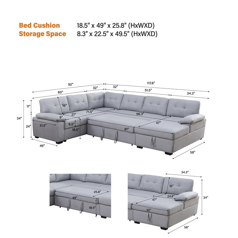 Alexent 5-Seat Modern Fabric Sleeper Sectional Sofa with Storage in Ash