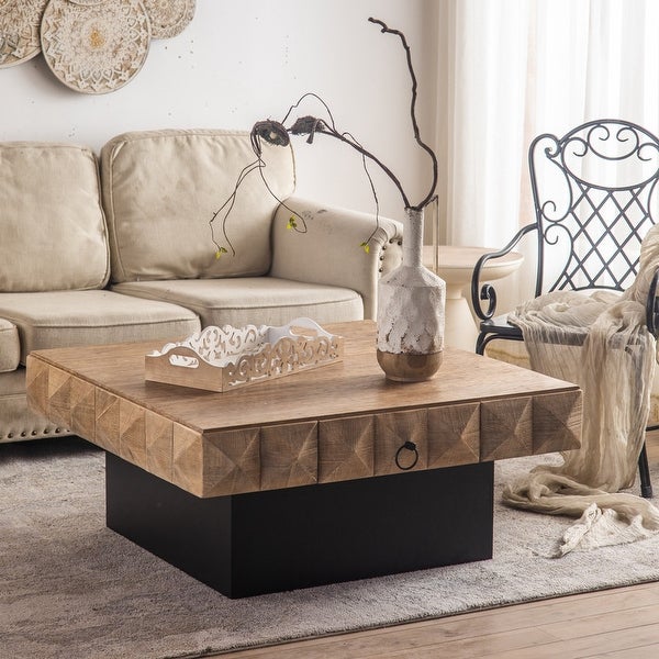 Retro Embossed Pattern Square Coffee Table with 2 Drawers and MDF Base