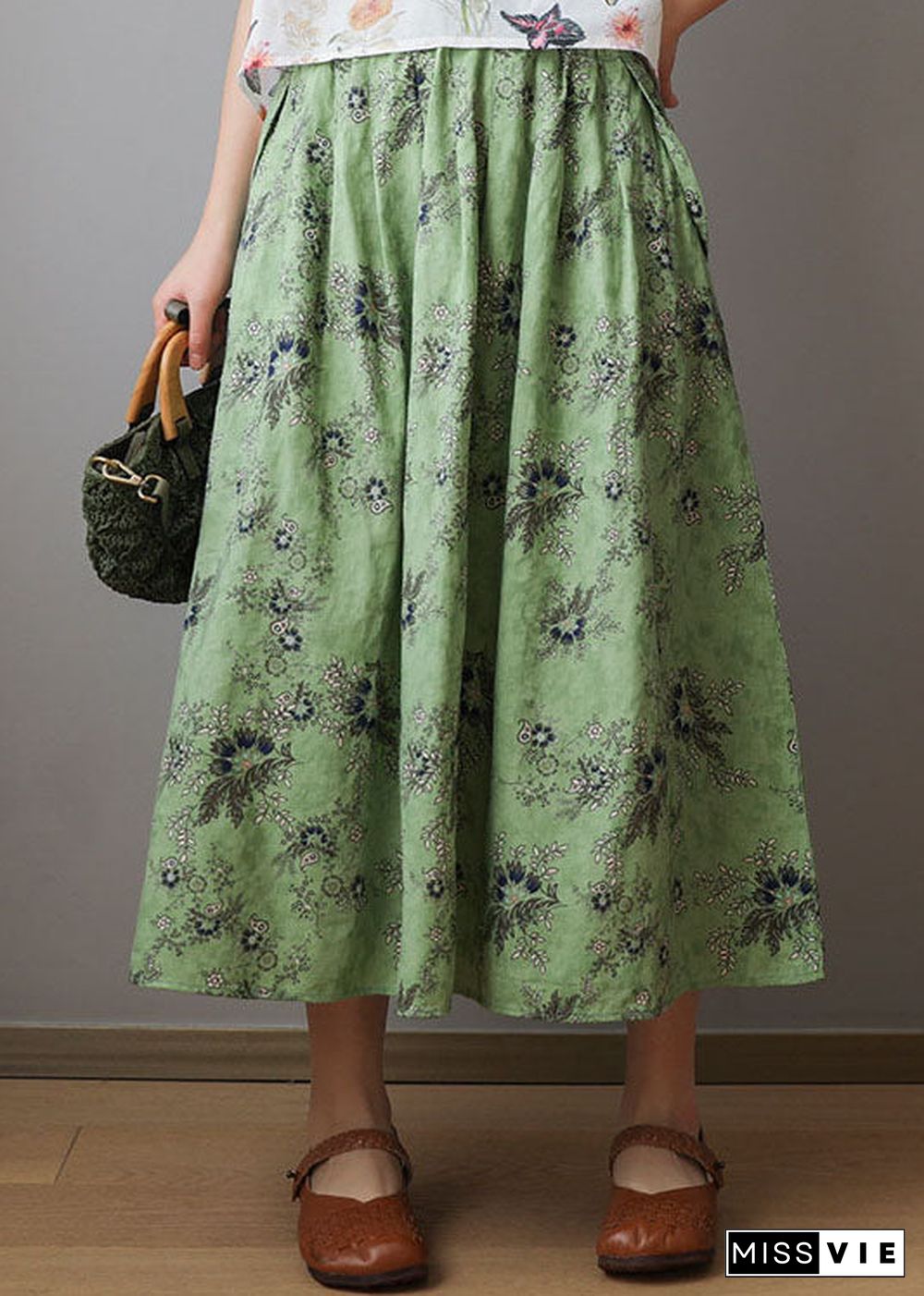 Organic Green elastic waist print Cotton Skirts Spring