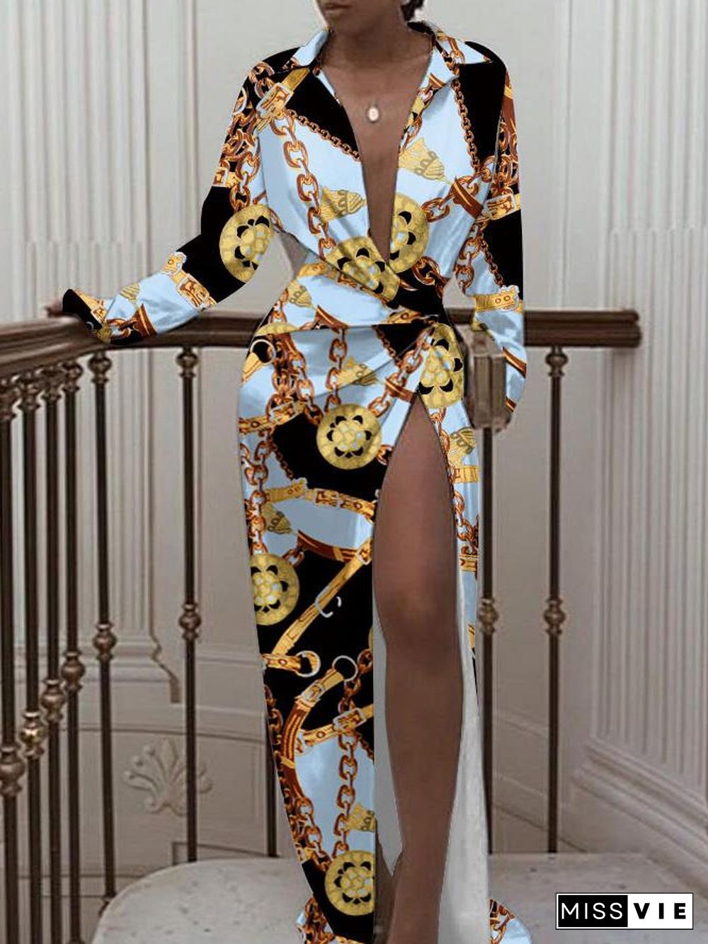 Women'S Dresses Split Long Sleeve Print Maxi Dress