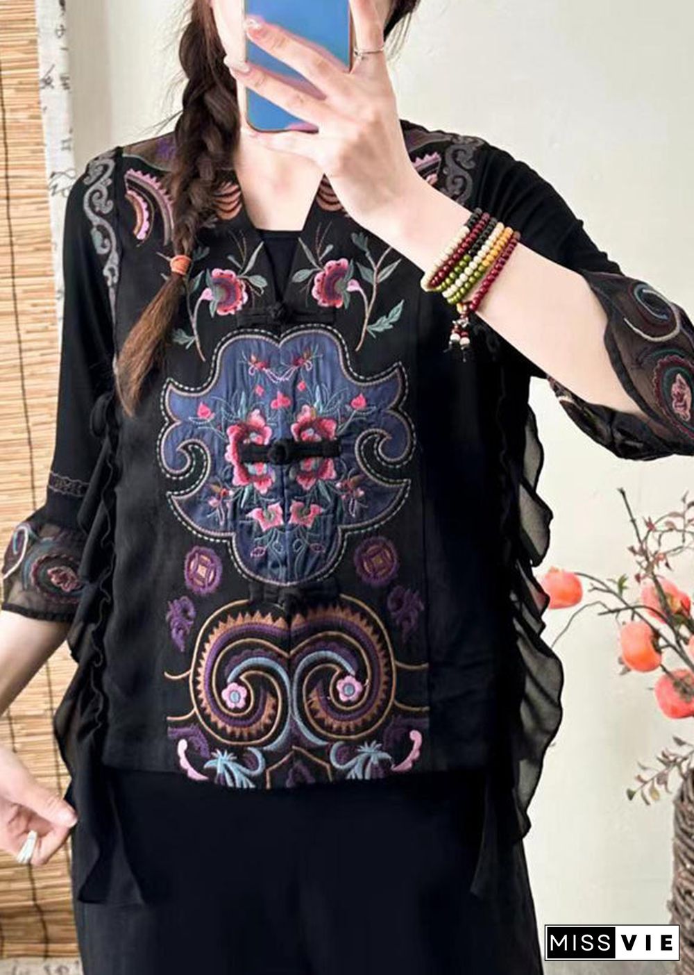 Retro Black V Neck Embroideried Ruffled Silk Waistcoat Sleeveless