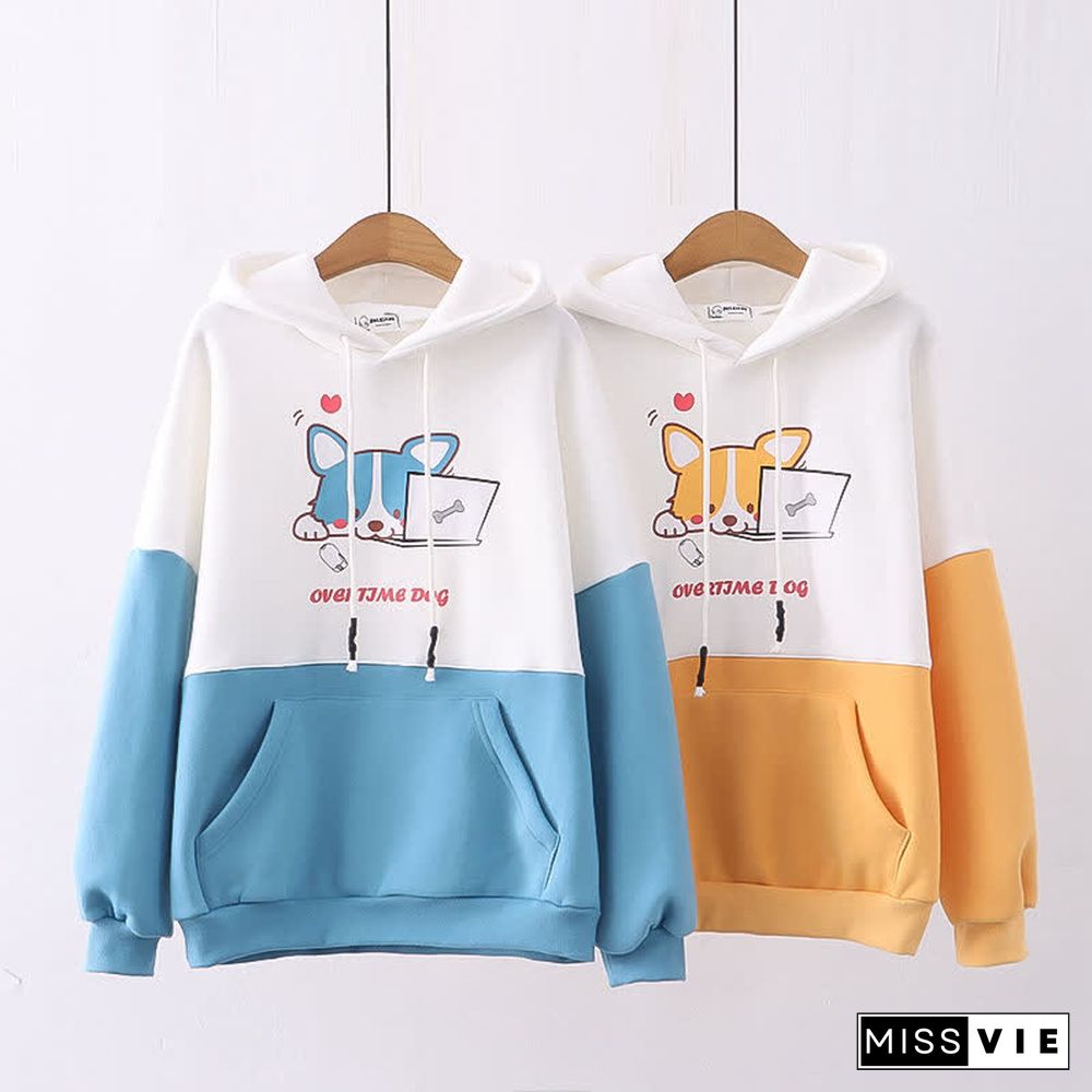 Puppy Print Colorblock Loose Plush Hoodie