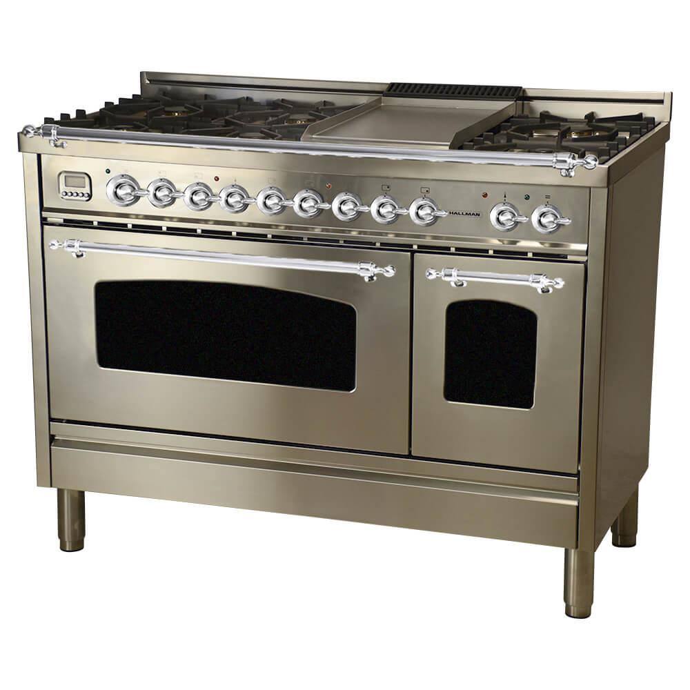 Hallman 48 in 5.0 cu.ft. Double Oven Dual Fuel Italian Range wTrue Convection 7 Burners Griddle Chrome TrimStainless Steel HDFR48CMSS