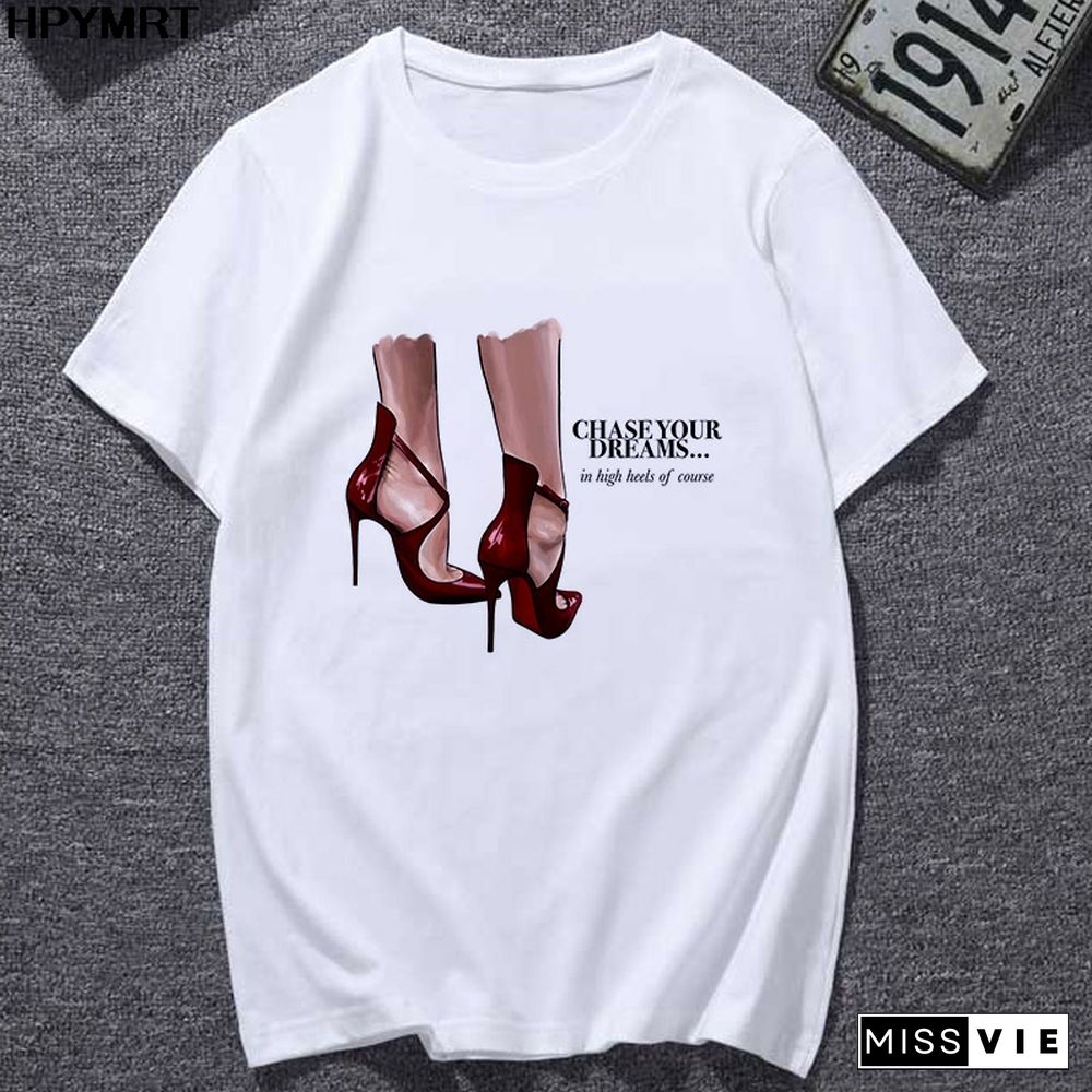 Summer Newest T-Shirts Women Watercolor High Heels Printed Femme T-shirt