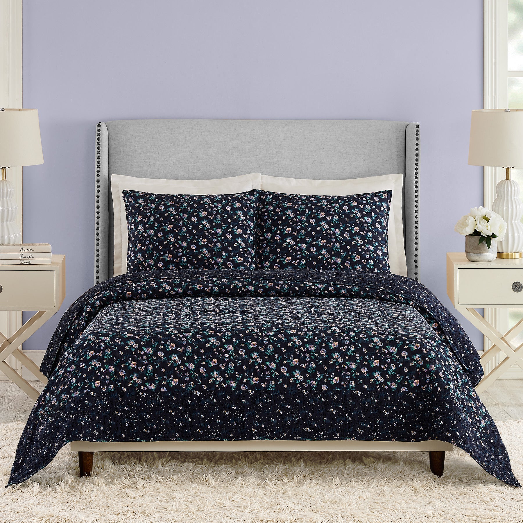 Navy Garden Quilt Set, Full - Queen