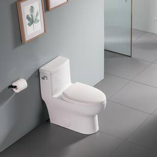 12 in. Rough-In 1-piece 1.281.1 GPF Single Flush Elongated Toilet in White Soft-Close Seat Included AL76MTPB