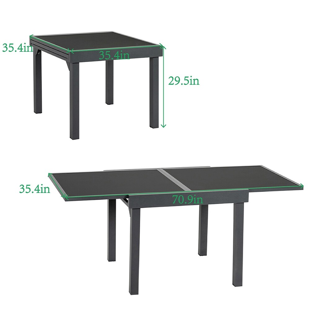 VredHom Outdoor Tempered Glass Top Aluminum Extendable Dining Table   35.4 in W x 35.4 70.9 in L x 29.5 in H