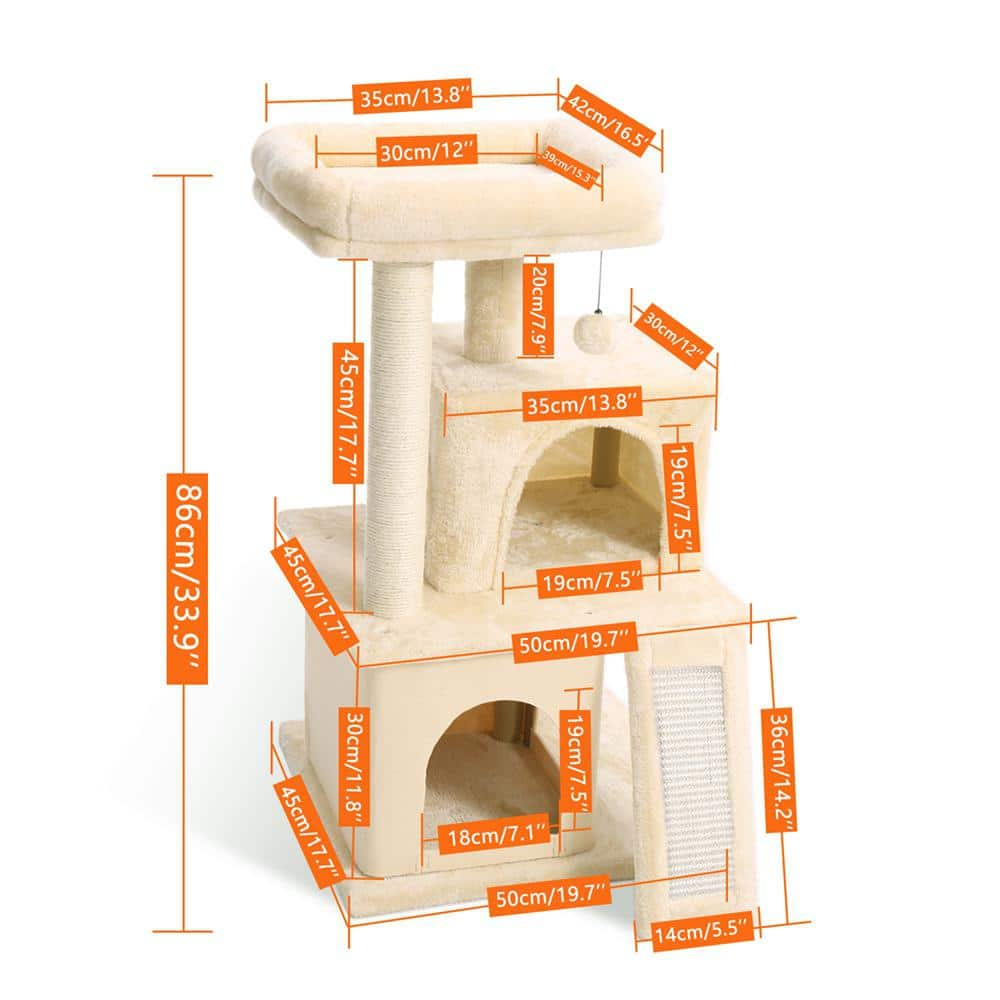 Foobrues Beige Cat Tree Sisal Scratching Post Plush Condo Playhouse with Dangling Toys L-W79632459