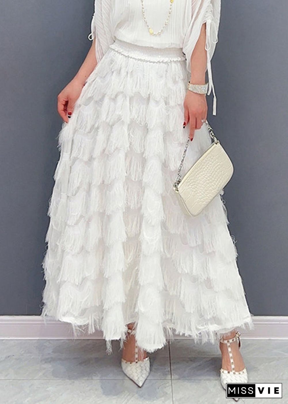 Stylish White Tassel Elastic Waist Maxi Skirt Spring