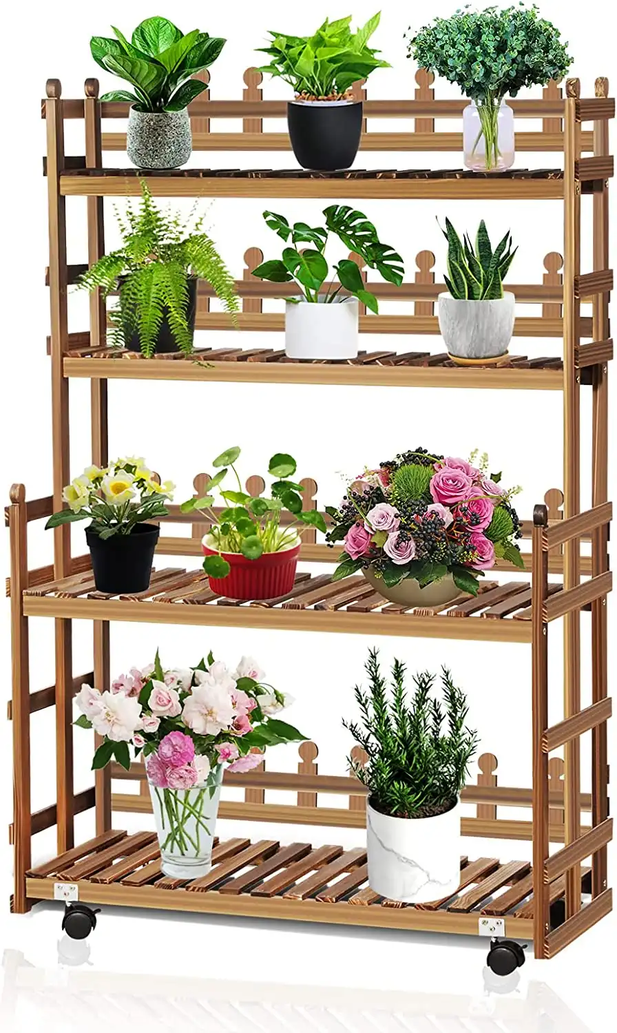 Magshion 42" Carbonized Wooden 4-Tier Storage Shelves Flower Pot Stand Rolling Plant Rack