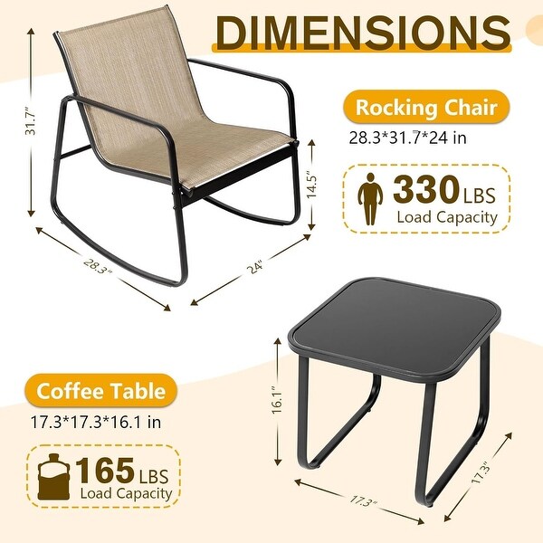 3Piece Outdoor Patio Rocking Chair Bistro Set with Glass Top Coffee Table