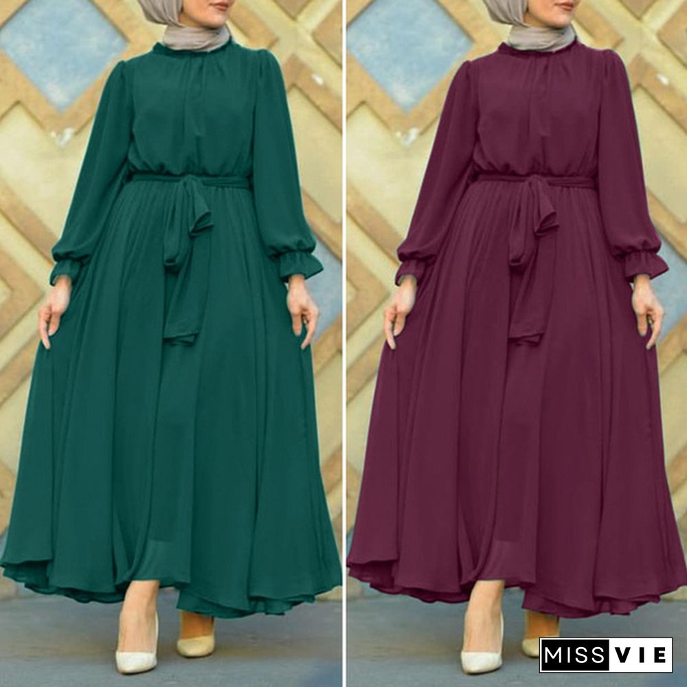 ZANZEA Elegant Spring Long Sleeve Solid Maxi Long Dress Women Sundress Abaya Muslim Robe Lace Up Vestido