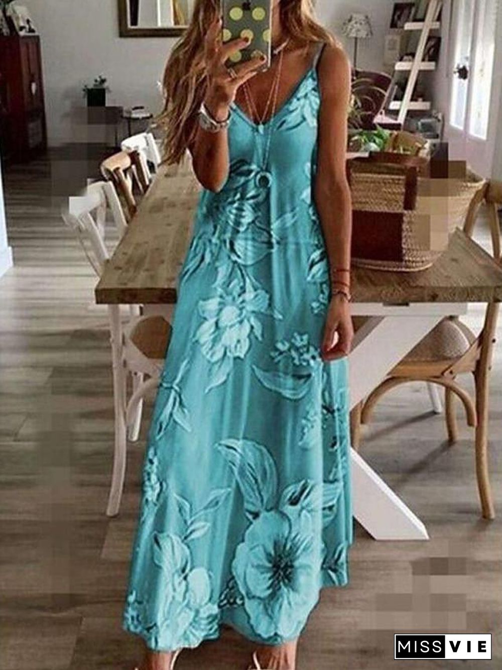 Women's Maxi long Dress - Sleeveless Floral Print Summer V Neck Hot Holiday Beach Slim  Fuchsia Sky Blue Light gray Light Green Light Blue Light Pink S M L XL XXL