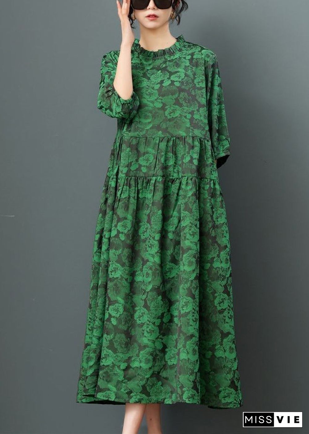 Green O-Neck Print Drawstring Maxi Dress Half Sleeve