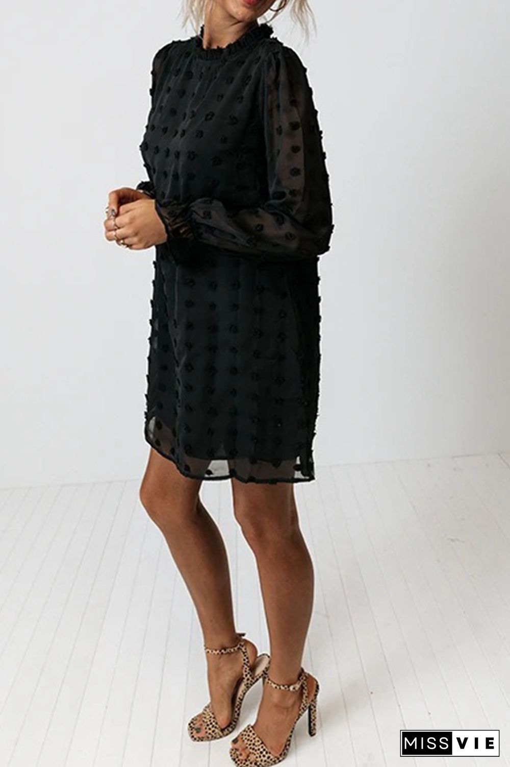 Sweet Chiffon Jacquard Bubble Long Sleeves Mini Dress Wholesale