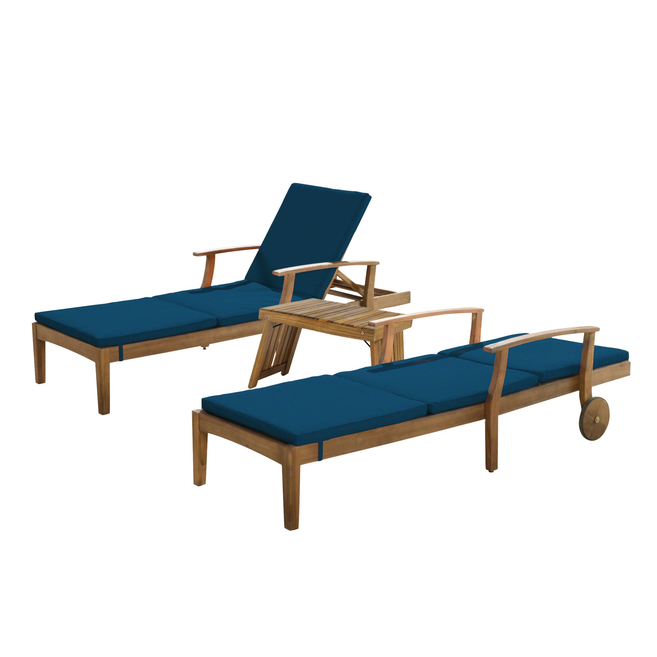 Capri Outdoor Acacia Wood 3 Piece Chaise Lounge Set with Water-Resistant Cushions