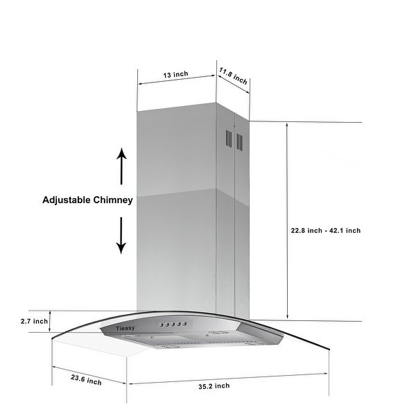 36 inch Stainless Steel Island Mount Range Hood 900CFM with LED Lights