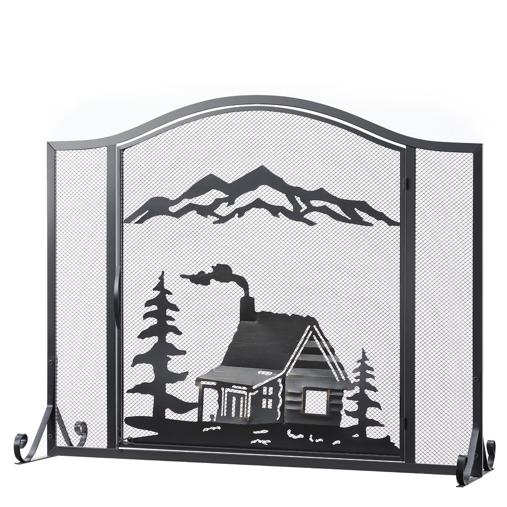 Unique Forest woodhouse Black Single Panel Iron Fireplace Screen 37.8*12.2*30.71 inches   37.8*12.2*30.71 inches