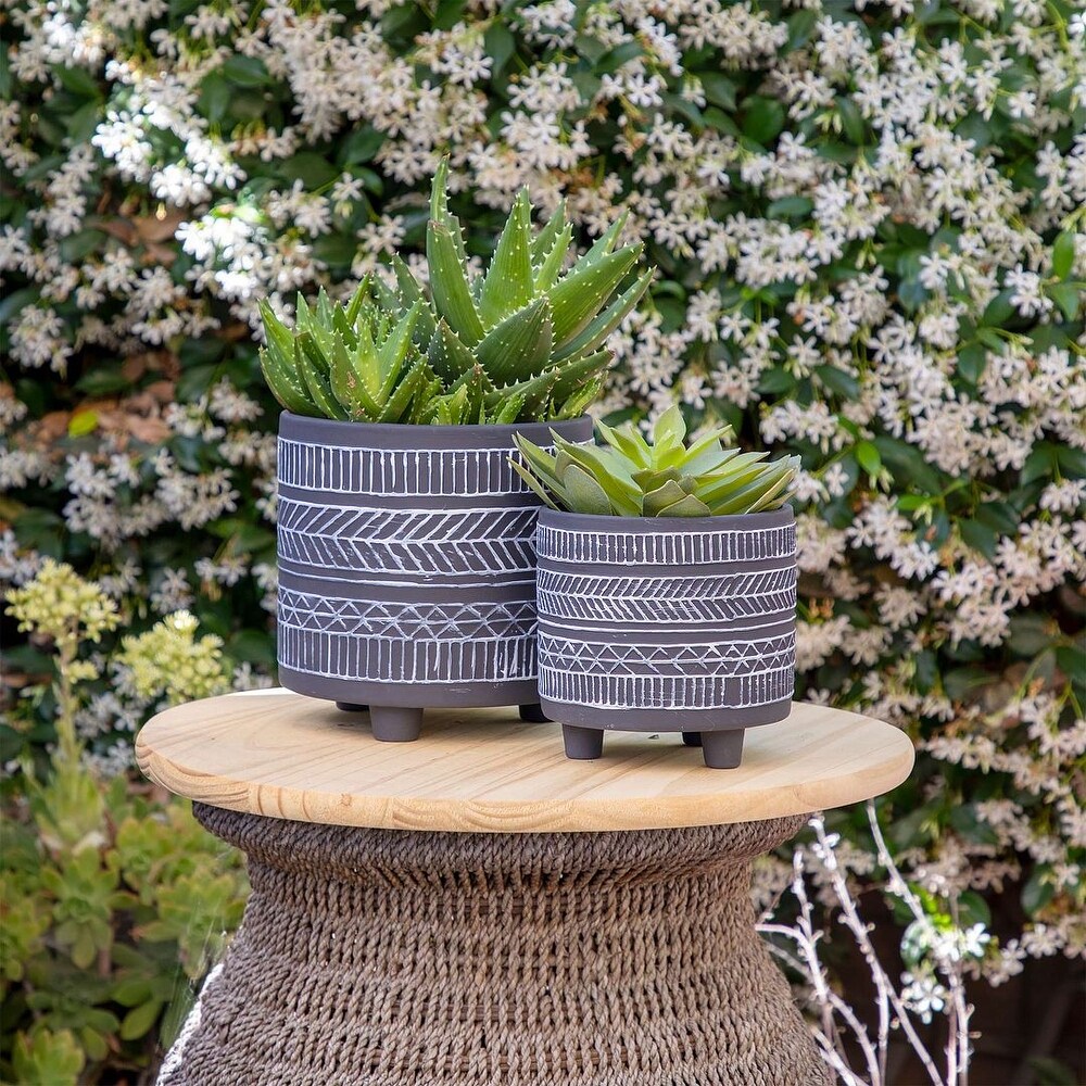 Set of 2 Black and White Tribal Footed Ceramic Outdoor Planters 8\