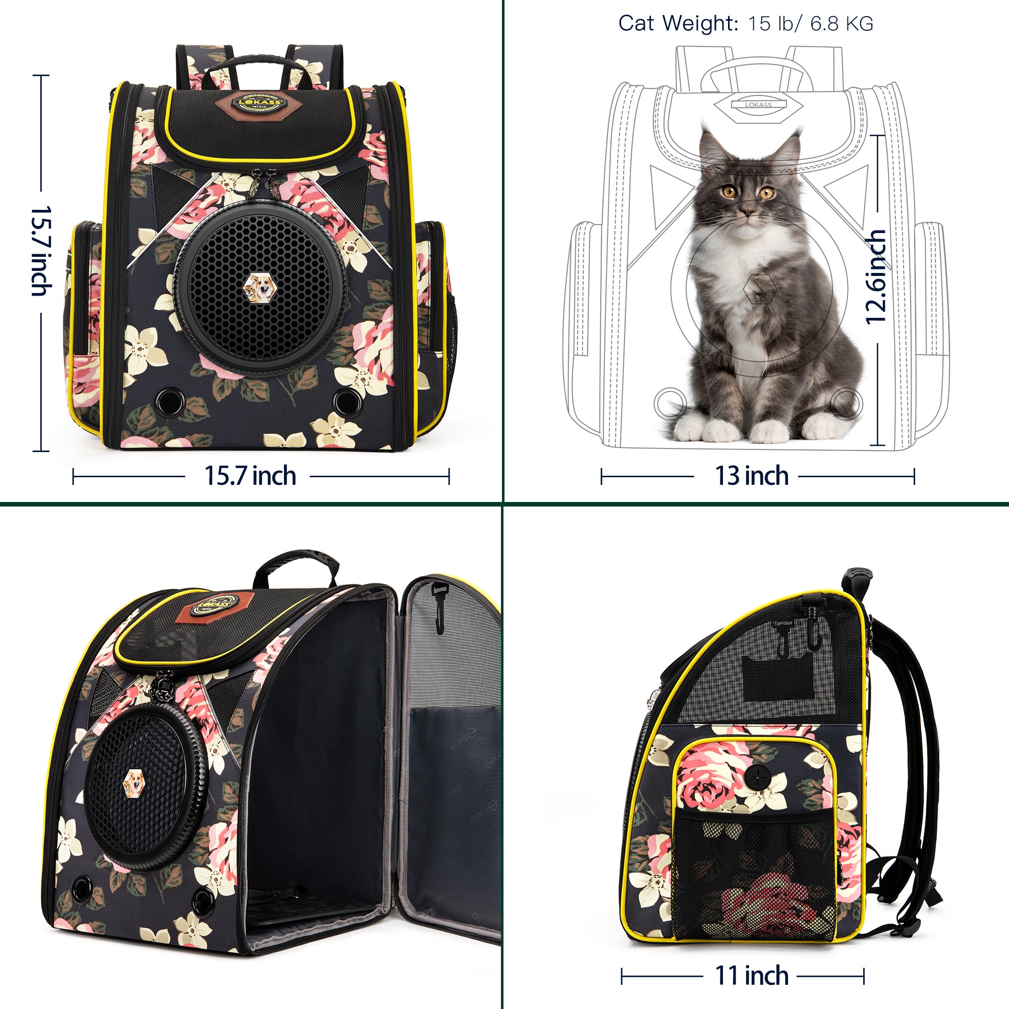 2023 Upgrade Cat Backpack Carrier， Airline Approved Travel Bag for Cats and Small Dog， Large Portable Pet Carriers with 2 Pet Food Bag and 2 Pet Food Bowl ， Peony black