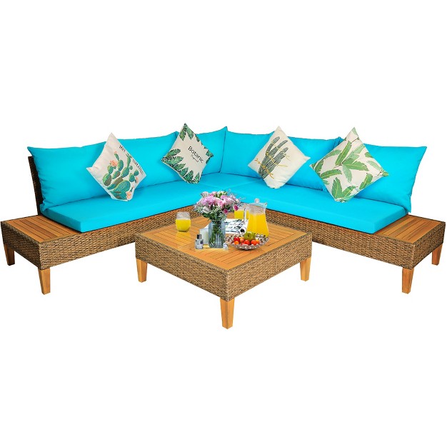 Costway 4pcs Patio Rattan Furniture Set Loveseat W wooden Side Table Cushioned Turquoise