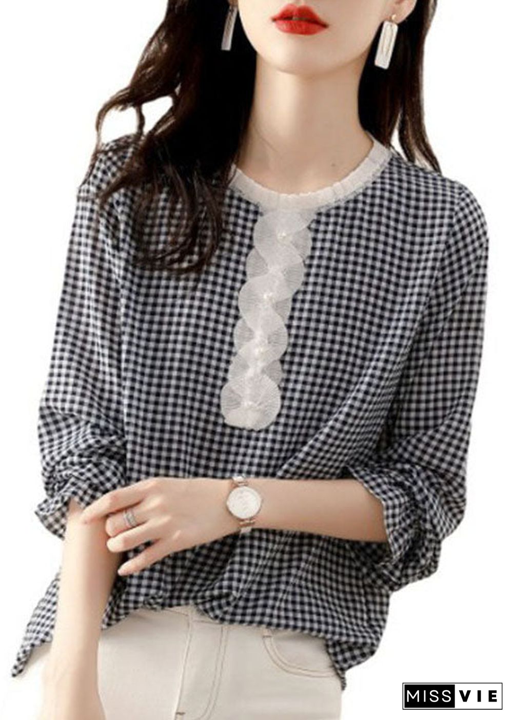 French Black Ruffled Plaid Cotton Shirt Spring