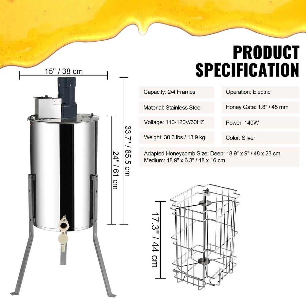 VEVOR Electric Honey Extractor 2/4   4/8 Frames Stainless Steel Beekeeping Centrifuge with Adjustable Stand Honeycomb Spinner