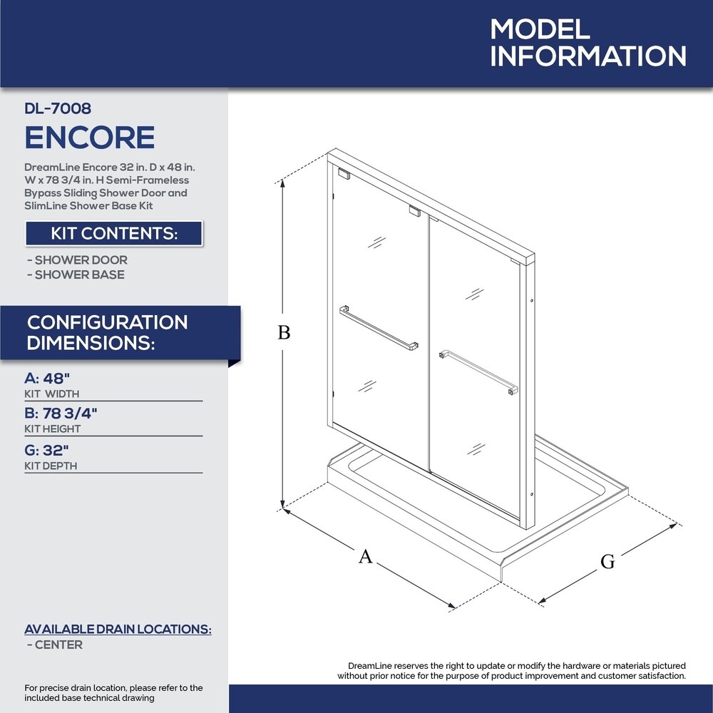 DreamLine Encore 32 in. D x 48 in. W x 78 3/4 in. H Bypass Sliding Shower Door and Shower Base Kit   32\