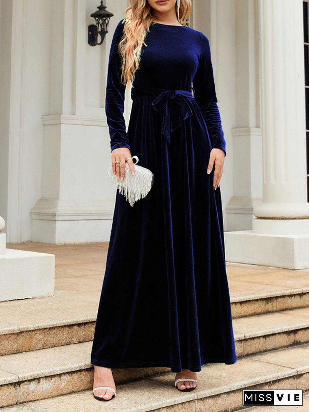 Long Sleeves Wrap Belted Pleated Solid Color Zipper Round-Neck Maxi Dresses