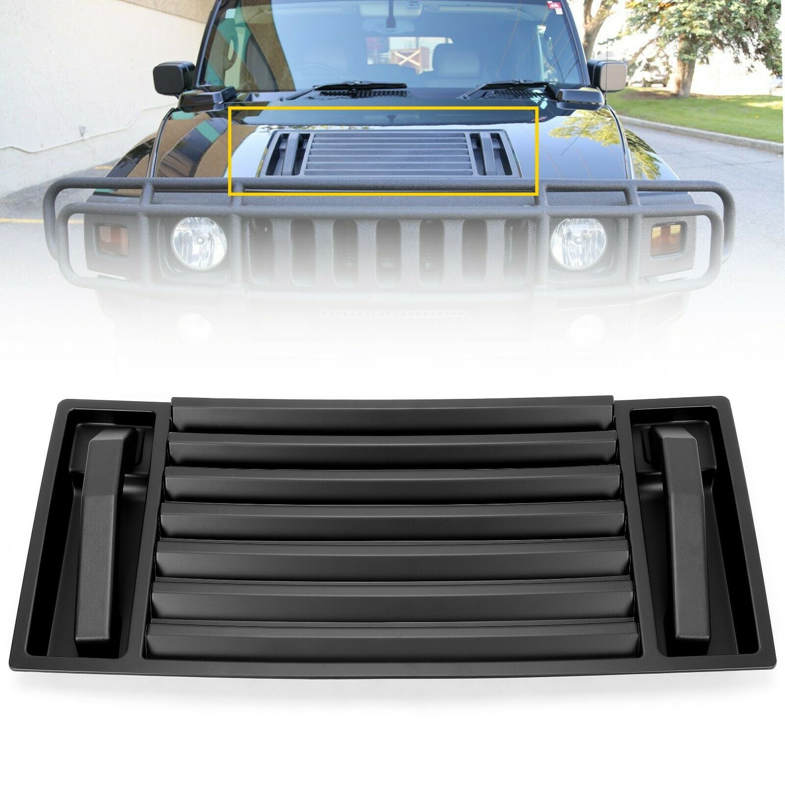 Kojem Hood Grille W/ Handles Hood Vent + Handle Hood Deck Vent Panel Handle Covers Trim Louver Compatible with 2003-2007 Hummer H2 Black