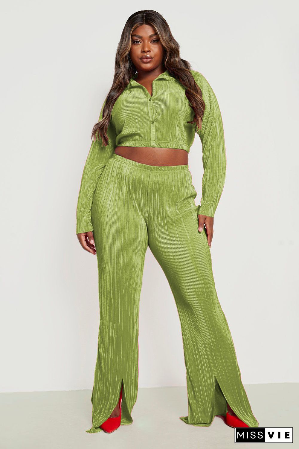 Long Sleeve Button Crop Top Pleated Wide-Leg Pants Set