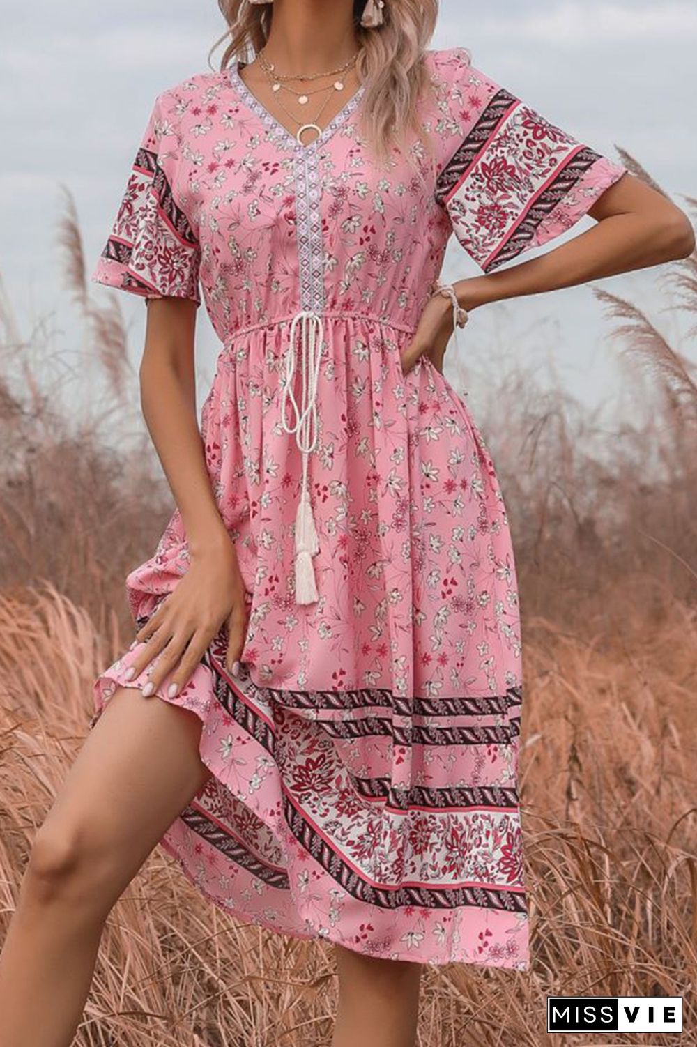 Bohemia Style Pink Floral Print Dress Wholesale