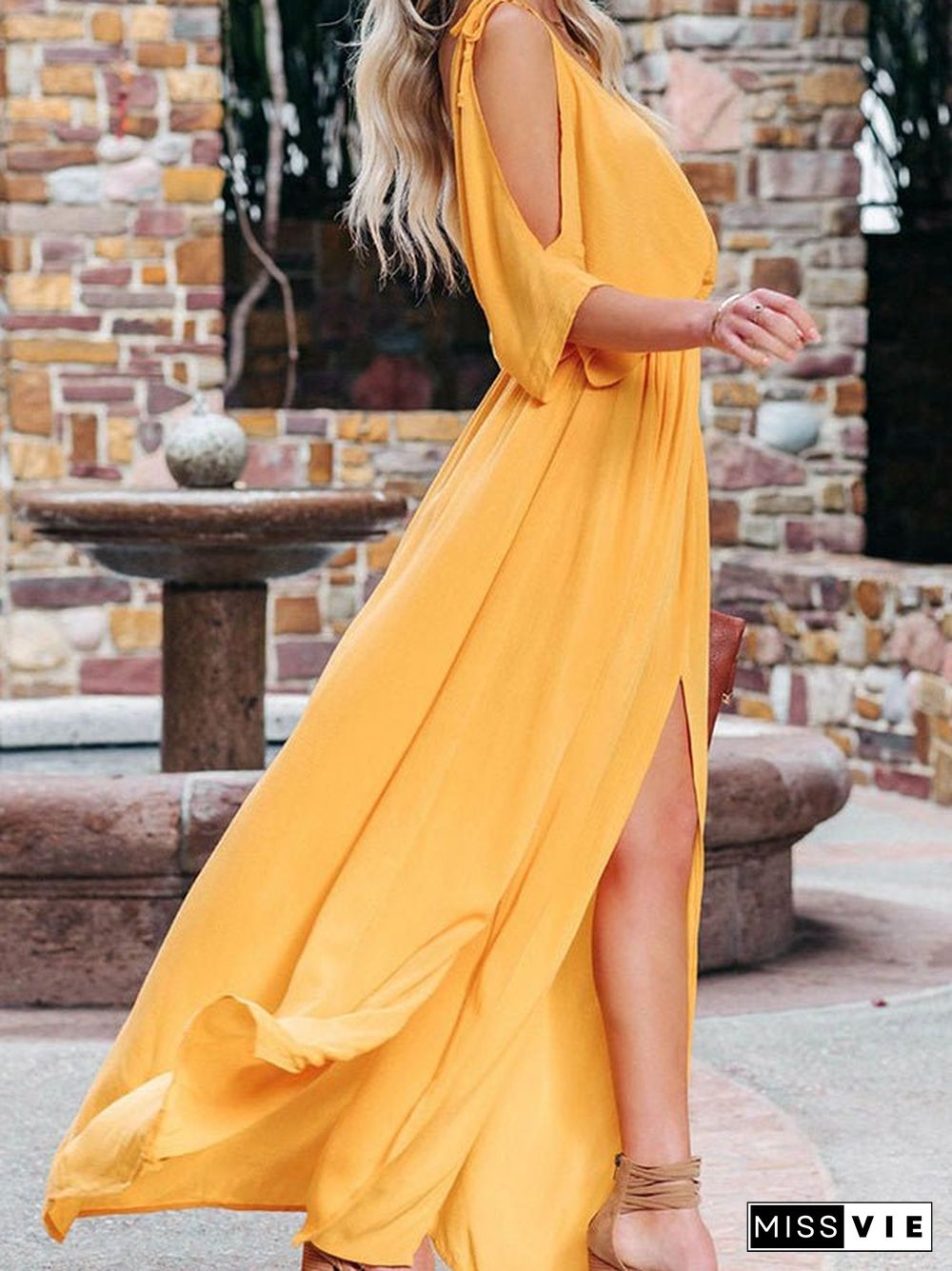 Women'S Dresses V-Neck Straps Off-Shoulder Slit Dress