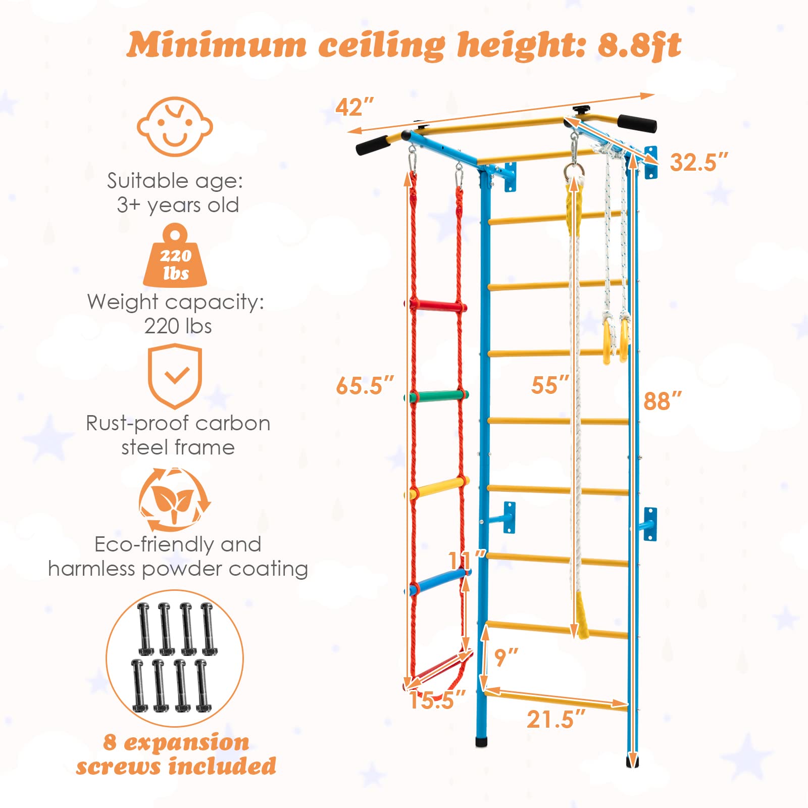 Costzon Climbing Toys for Toddlers, Kids Ladder Wall Set for Exercise, Indoor Steel Stall Bars with Wall Ladder