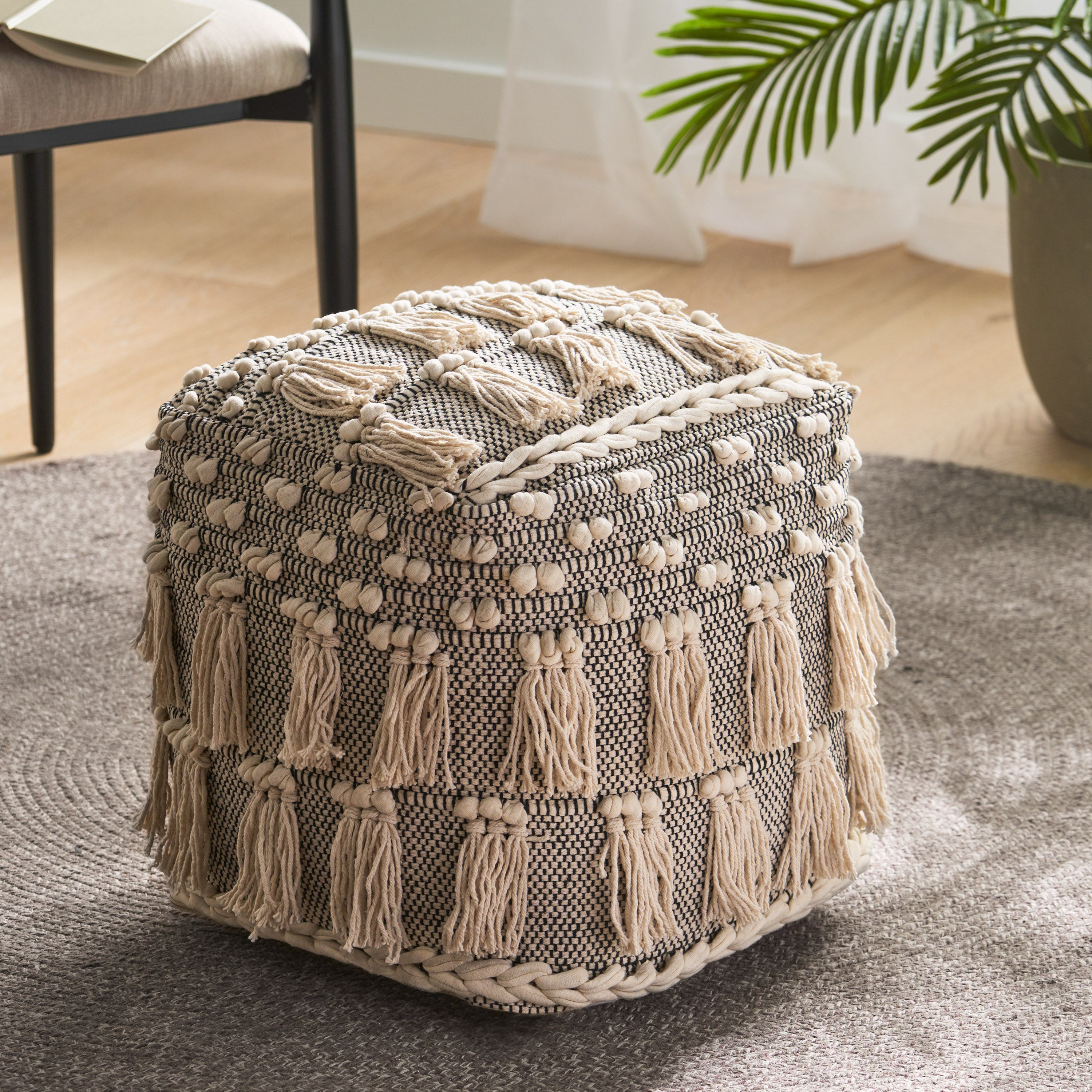 Arcola Handcrafted Boho Fabric Cube Pouf with Tassels