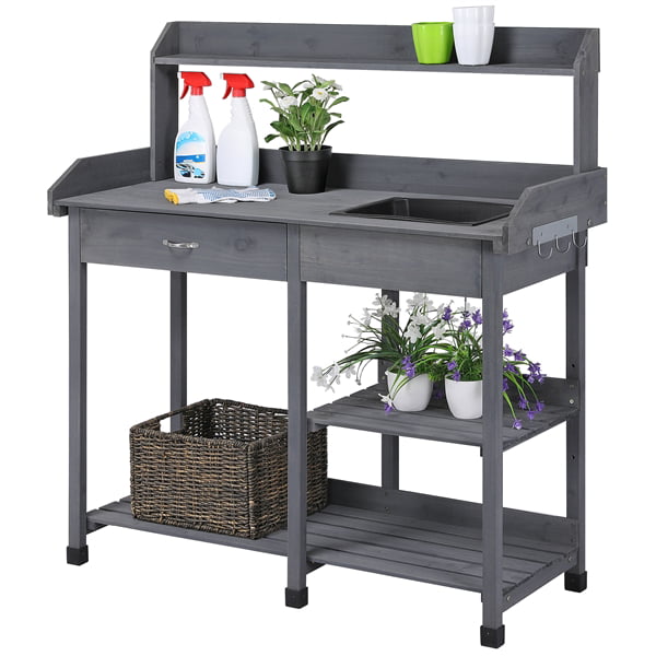 Yaheetech Potting Benches Tables Garden Potters Work Bench Station Planting Bench Solid Wood Outdoor Gray 45.2 x 17.7 x 47.6'' (L x W x H)